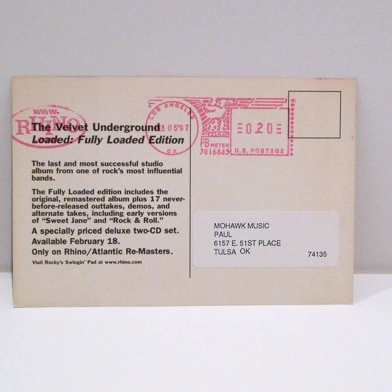 The Velvet Underground Postcard 1997 Vintage Loaded Lou Reed Band Card Fully Loaded Get Loaded Record Label Release Announcement MohawkMusic