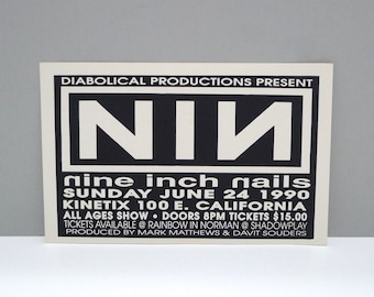 Vintage Nine Inch Nails Mini Poster / Sign June 24, 1990  / 5.5 x 8 5/8 inches / Kinetix OKC Trent Reznor Pretty Hate Machine /Mohawk Music