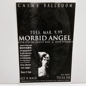 Póster original de Morbid Angel, 9 de marzo de 1999 - Formulas Fatal To The Concert Tour - H Furnace - Cain's Ballroom Tulsa OK - Mohawk Music Records