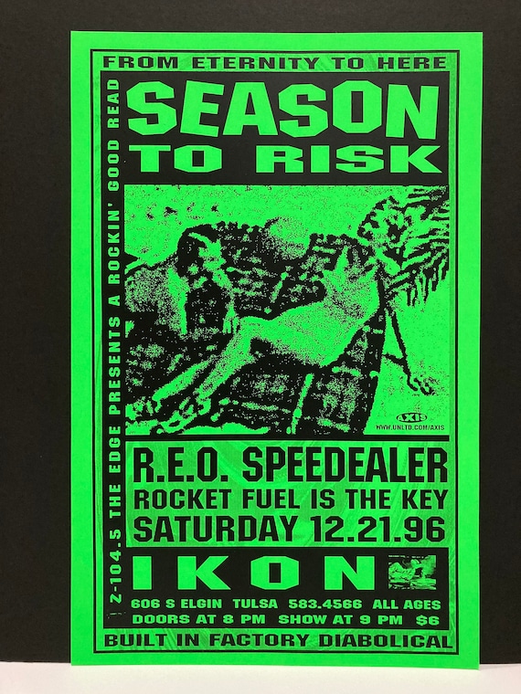 Season To Risk Poster Vintage 1996 Concert Tour REO Speedealer Indie  Hardcore Band Ikon Dance Club Tulsa OK Mohawk Music Record Store
