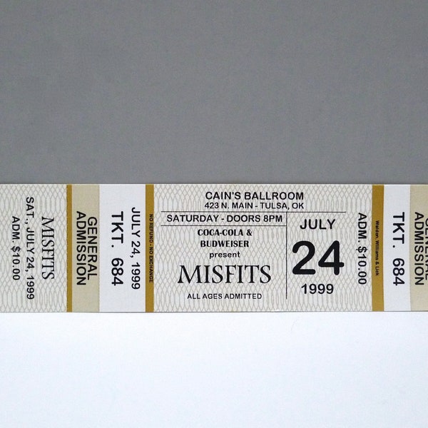 Misfits Ticket 7/24/99 - Cains Ballroom Tulsa Oklahoma Vintage 1999 Unused Full Ticket / Famous Monsters Concert Tour Punk / Mohawk Music