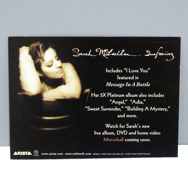 Sarah McLachlan Postcard - Surfacing 1999 Vintager Singer Band Card Mohawk Music Records