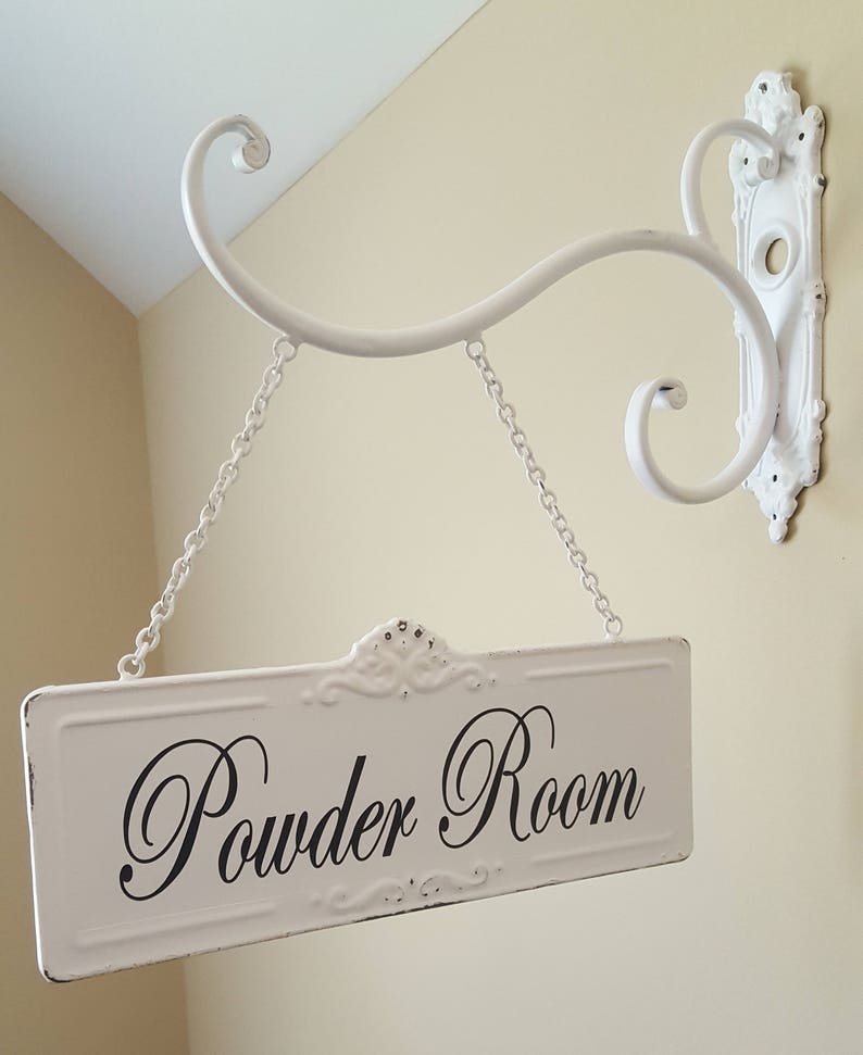 2-Sided 4.5 x 11 Rectangular Metal Room Sign and Bracket with Custom Lettering White Distressed