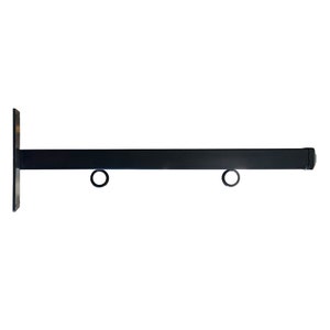 May include: Black metal wall-mounted shelf with two hanging rings.