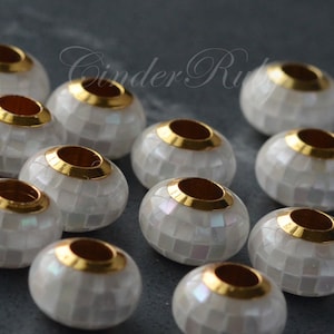 11 mm Abalone Shell/MOP Rondelle Beads,Large Hole Mosaic Beads,Black/White/Rainbow Roller Beads,Handcrafted Beads,2 Pcs