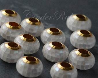 11 mm Abalone Shell/MOP Rondelle Beads,Large Hole Mosaic Beads,Black/White/Rainbow Roller Beads,Handcrafted Beads,2 Pcs