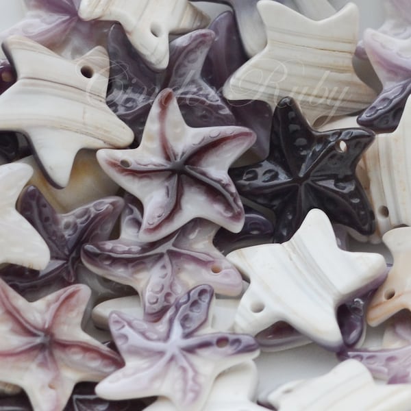 Purple Shell Starfish Charms, 14/25mm Wampum Quahog Beads, Purple MOP Pendants