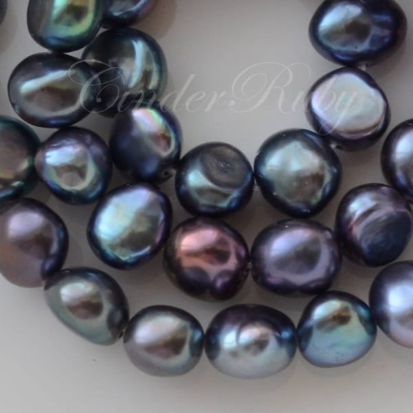 6.5-7.5 mm Peacock Baroque Nugget Freshwater Pearls,Tahitian Sea Pearl Color,Black Potato Pearls with Green Hue,Grade AA,Full Strand 14"