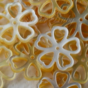 May include: A close-up of a pile of yellow and white shell flower-shaped embellishments. The flowers are delicate and have a slightly iridescent sheen.