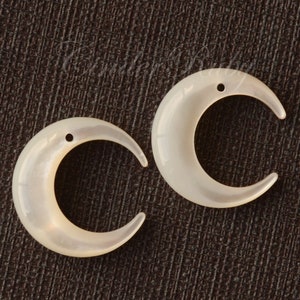 White MOP Crescent Moon Charms, White Shell Horn Beads, 20 mm White Mother of Pearl Crescent Moon, Set of 2 or More Front drilled