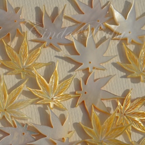 May include: A collection of 14 iridescent, mother-of-pearl maple leaf charms in various shades of white and gold. The leaves are all approximately the same size and shape, with a slightly raised center vein.