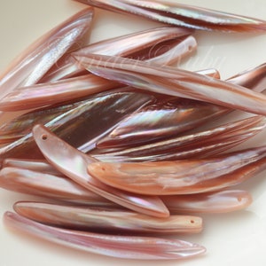 May include: A pile of iridescent brown and pink shell pieces. The shells are long and narrow, with a smooth, polished surface. They have a natural, organic look.