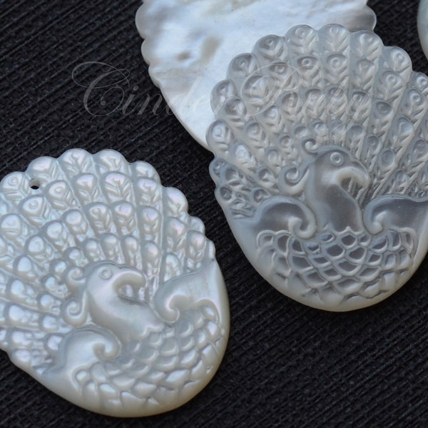 White MOP Peacock Pendants, 24x30 mm Front Drilled Drops, 1 Pc