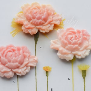 May include: Three light pink peony flower embellishments with detailed petal designs. Each flower has a green stem and yellow accents. The flowers are arranged on a white background with numbered botanical illustrations.