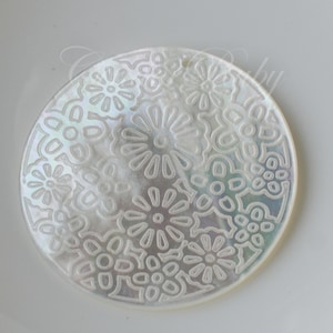 White Shell Flower Garden Disc Pendants,Double Side Hand Carved WhiteMOP Dangle Earring Parts, Top Drilled 40 mm, 1 Pc