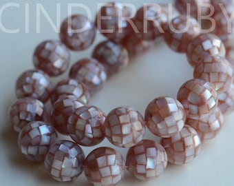 Pink Mosaic Shell Beads,Shell Round Beads,Pink Mother of Pearl Beads,MOP Beads,Pink Shell Inlay Beads,10/12/14/16/18/20 mm,Handcrafted