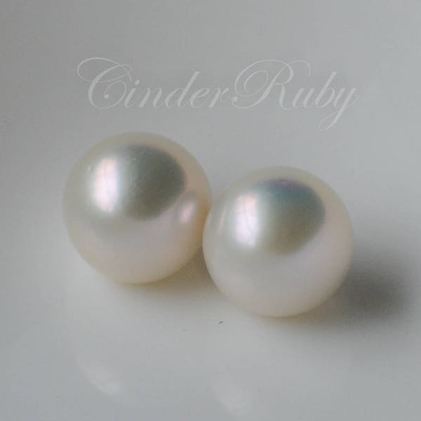 Clearance White Kasumi Like Freshwater Pearls, White Round Freshwater Pearls, Luxe AAA,12-13 mm,Half Drilled, 1 Pair for Earrings