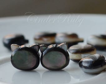 Natural Black MOP Cat Head Charms/Connectors,Delicate Hand Carved Black Shell Beads,Full Drilled Black Mother of Pearl Beads,10x9x4 mm
