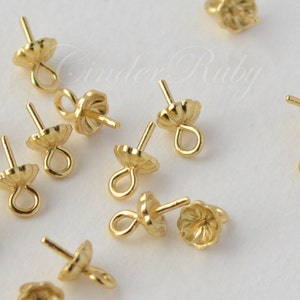 925 Sterling Silver/Golden Vermeil 4 mm Flower Bead Cap With Peg, For Half Drilled Beads, Hypoallergenic,Set of 10/20/40