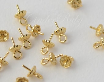 925 Sterling Silver/Golden Vermeil 4 mm Flower Bead Cap With Peg, For Half Drilled Beads, Hypoallergenic,Set of 10/20/40
