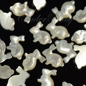 May include: Iridescent white bunny and fish shaped shell beads. The beads have a pearlescent sheen and are scattered across a black surface. The bunny beads have long ears and a rounded body. The fish beads have a curved body and a tail.