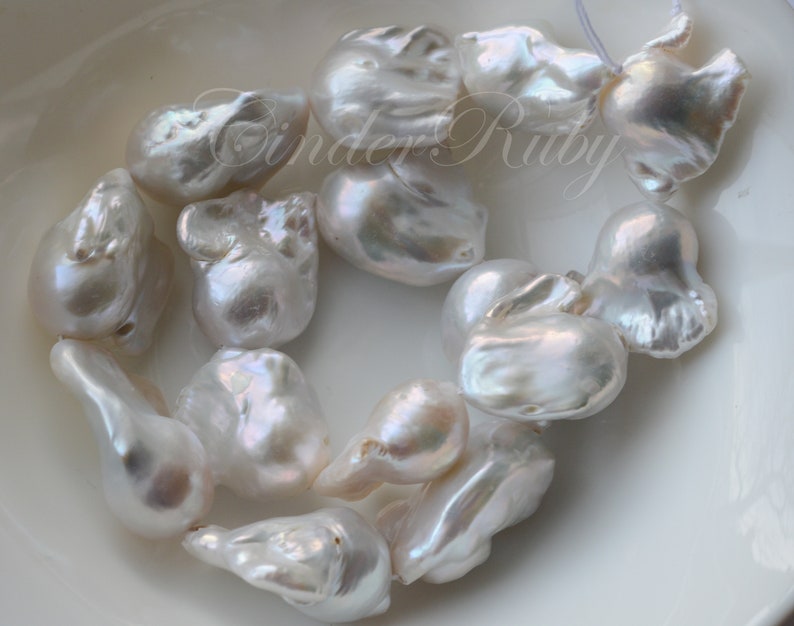 FLAMEBALL Fireball Freshwater Pearls,Huge White Nucleated Baroque Pearls,Full Strand 15.5,June Birthstone