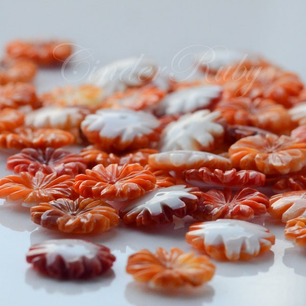 12 mm Orange Daisy Flowers, Spiny Oyster Flower Beads, Set of 4 or More