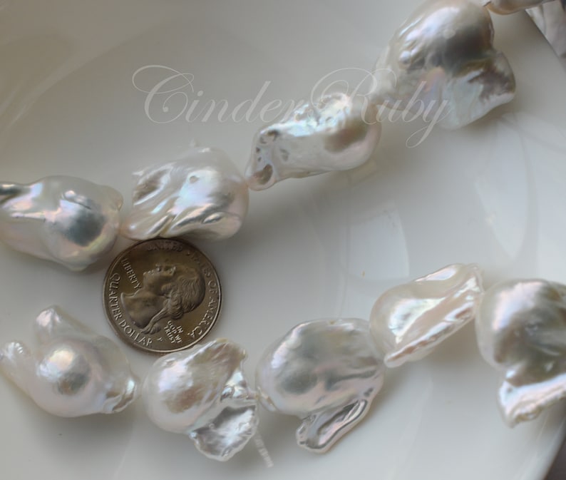 FLAMEBALL Fireball Freshwater Pearls,Huge White Nucleated Baroque Pearls,Full Strand 15.5,June Birthstone