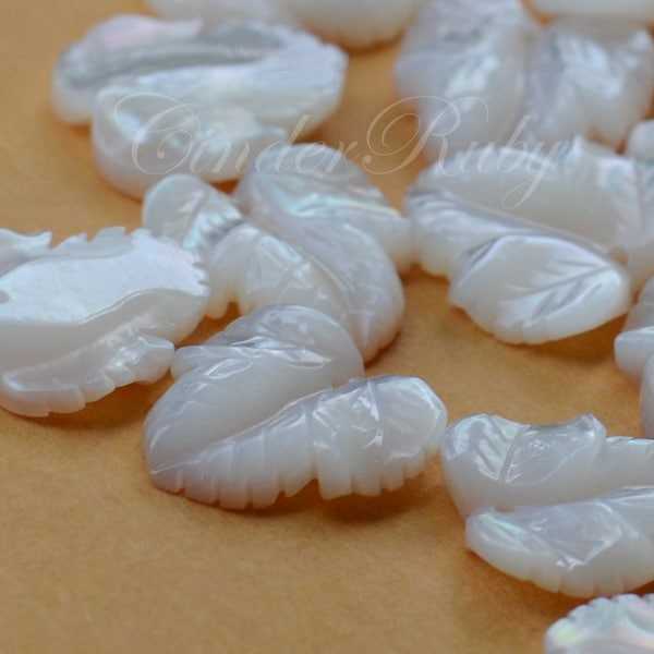 White Shell Leaf Charms,White MOP Hand Carved Leaves, Front Drilled White MOP Beads,White Mother of Pearl Leaf, 13x12x3 mm