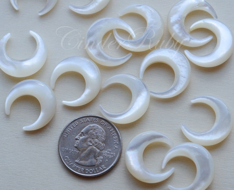 White MOP Crescent Moon Charms, White Shell Horn Beads, 20 mm White Mother of Pearl Crescent Moon, Set of 2 or More image 4