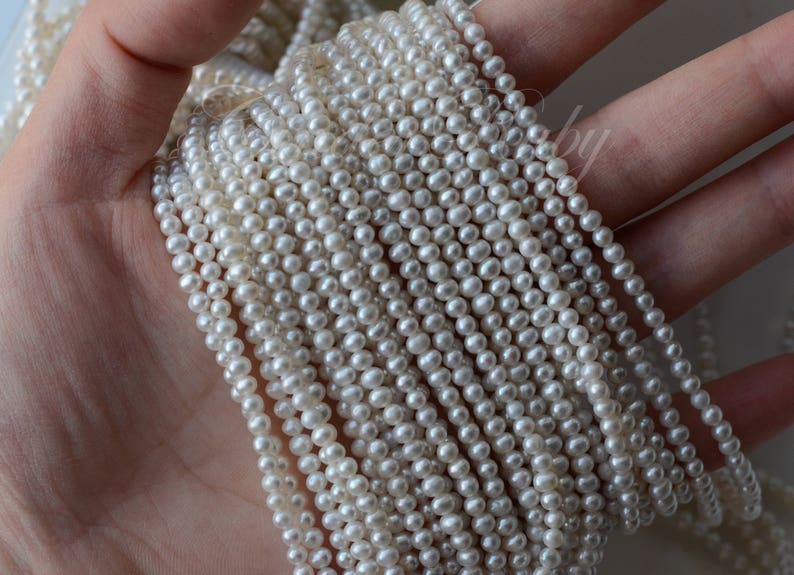 15.5 Potato Round White Freshwater Pearls with Gray Hue 3-4 mm Natural Gray Egg Round Fresh Water Pearls