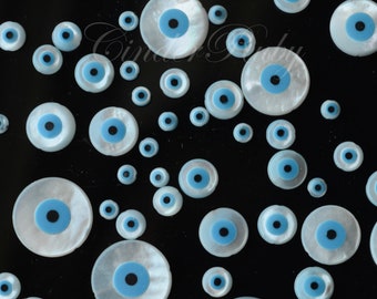 Blue Evil Eye Beads, White Mother of Pearl Circle Beads, Set of 4