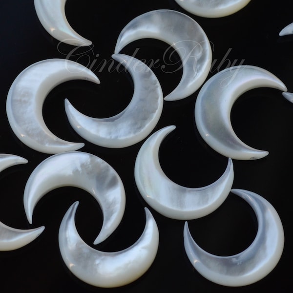 20 mm White MOP Crescent Moon Beads, White Shell Horn Beads, Set of 2 or More