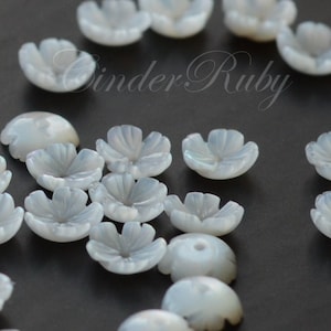 Carved MOP Flower Beads,Exquisite White Shell Flower Blossom,White 5 Petal Bead Caps, 6 mm 8 mm 10 mm White Mother of Pearl  Bowl Flowers