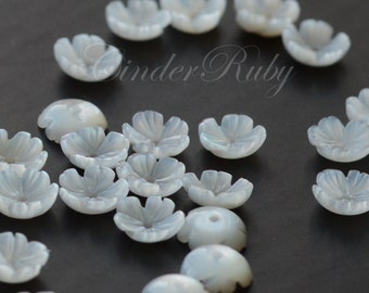 Carved MOP Flower Beads,Exquisite White Shell Flower Blossom,White 5 Petal Bead Caps, 6 mm 8 mm 10 mm White Mother of Pearl  Bowl Flowers