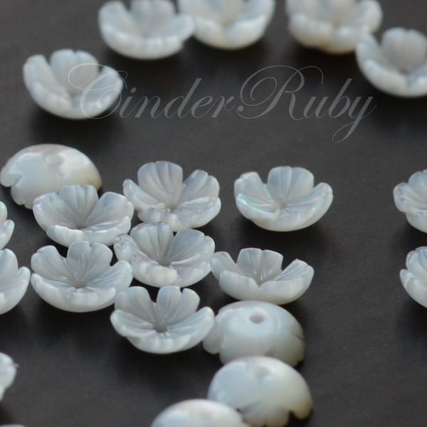 Carved MOP Flower Beads,Exquisite White Shell Flower Blossom,White 5 Petal Bead Caps, 6 mm 8 mm 10 mm White Mother of Pearl  Bowl Flowers