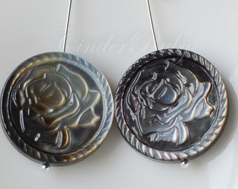 Black Lip Shell Double Sides Carved Round Pendants,Full Drilled Black MOP Carved Round Rose Pendants;20-25 mm