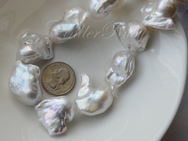 FLAMEBALL Fireball Freshwater Pearls,Huge White Nucleated Baroque Pearls,Full Strand 15.5,June Birthstone