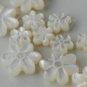 White MOP Puff Six-Petal Flowers,White Shell 6 Petal Flowers,Full Drilled White Mother of Pearl 6 Petal Sideways Charms,8mm/15 mm