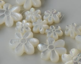 White MOP Puff Six-Petal Flowers,White Shell 6 Petal Flowers,Full Drilled White Mother of Pearl 6 Petal Sideways Charms,8mm/15 mm