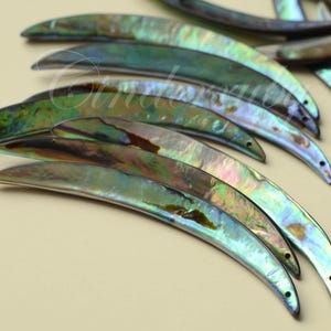 May include: Iridescent abalone shell pendants in a crescent shape. The shells display a range of colors, including green, blue, and purple, with a pearlescent sheen. Each shell has a small hole for stringing.
