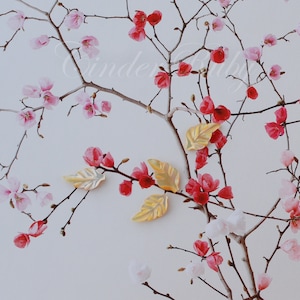 May include: A close-up of a floral design featuring branches with pink and red blossoms and gold-colored leaves against a white background. The text "Cinder Baby" is visible in the background.