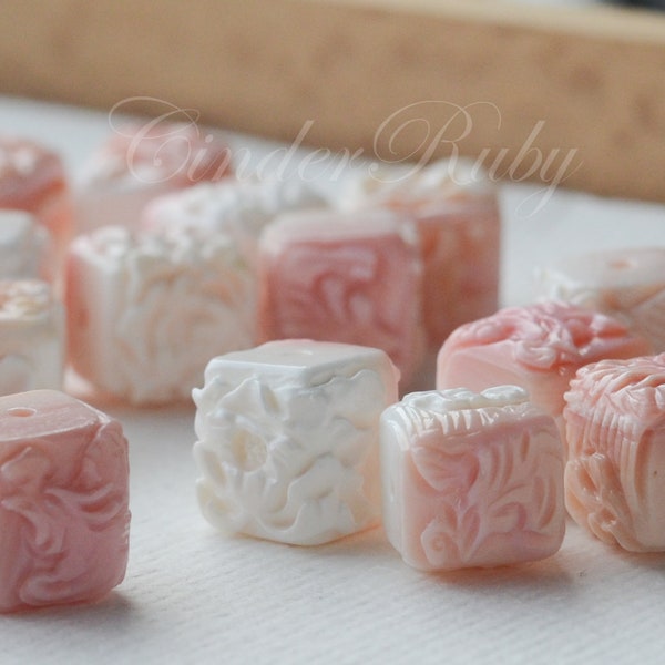 12-13 mm Pink Shell Cubes, Hand Carved Conch Cubic Beads with Phoenix and Peony For Earrings, Bracelet or Connectors