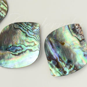 May include: Two iridescent abalone shell pendants with a pearlescent sheen. The pendants have a curved, leaf-like shape with a hole at the top for stringing. The colors include shades of green, blue, and purple.