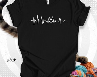 Cat Heartbeat Tee Shirt Feline Heart rate Design Kitty Lover Clothing Cat Owner Gift Kitty outline fused within a heartbeat rhythm T-shirt