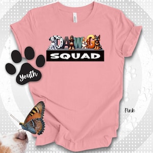 Camiseta juvenil "DAWG SQUAD" con dibujo de perro divertido para niños, camiseta de cuello redondo de raza de perro, regalo para adolescentes, amantes de los animales, linda camiseta de perro para niños.