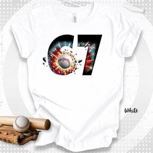 May include: White t-shirt featuring the number "67" in black, with a baseball graphic. The baseball appears to be exploding, with red and blue accents. A baseball, bat, and glove are at the bottom.