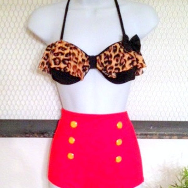 High Waist Retro Swimsuit Black/Red with Leopard Print