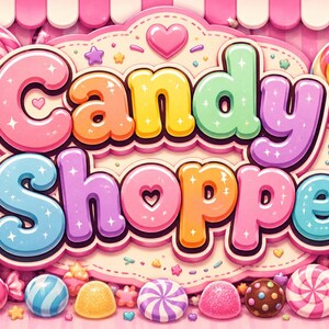 Peut inclure: Un graphique coloré présentant le texte Candy Shoppe en grandes lettres bulles aux tons pastel. Le design est entouré d'illustrations de sucettes roses et arc-en-ciel, ainsi que de bocaux en verre remplis de bonbons et d'oursons en gélatine.