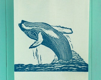 Block Printed Hump Back Whale Tea Towel